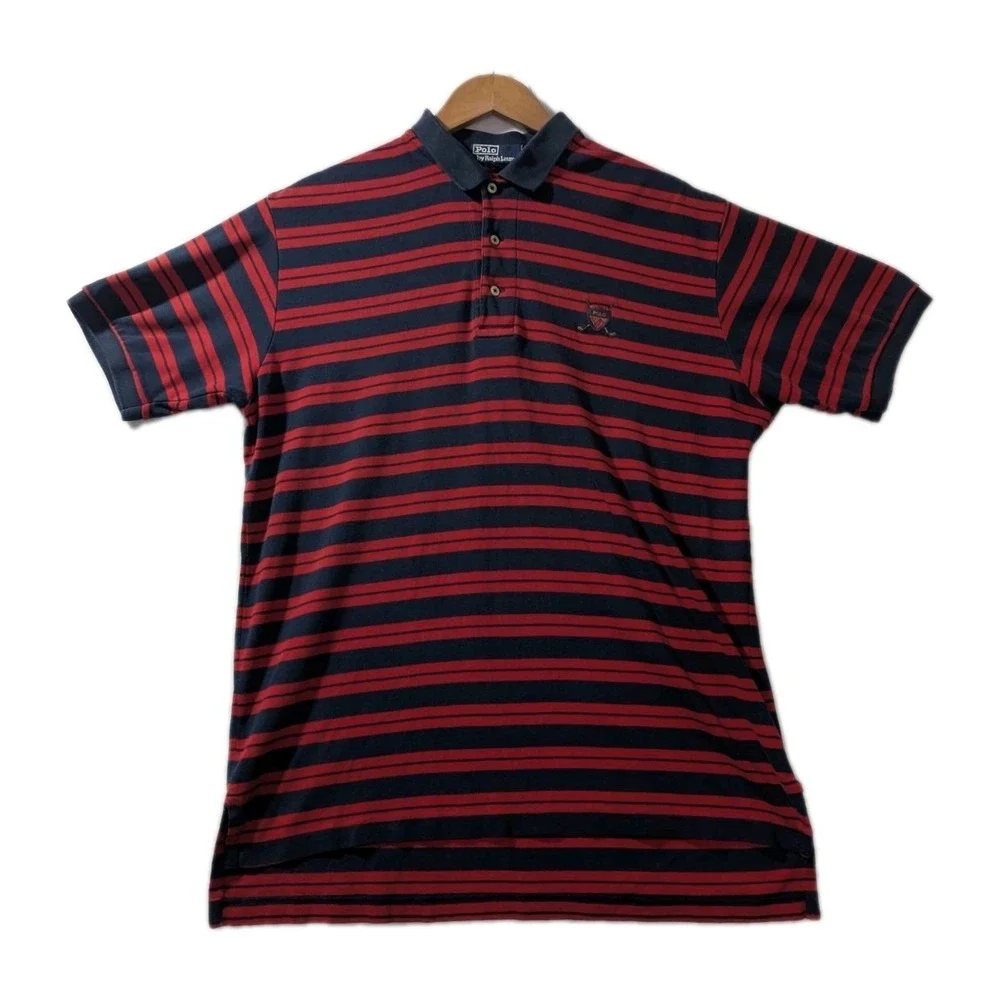 Vintage Polo Ralph Lauren Golf Shirt TPC Sawgrass Red Navy Stripe‎ Cotton L